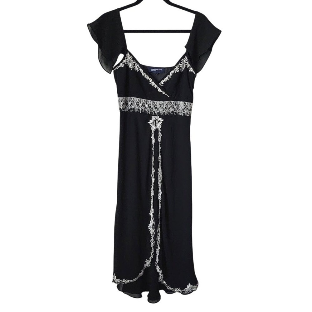 JONES NY 90s Gothic Empire Waist Black Silk Midi Dress White Beaded Embroidery S